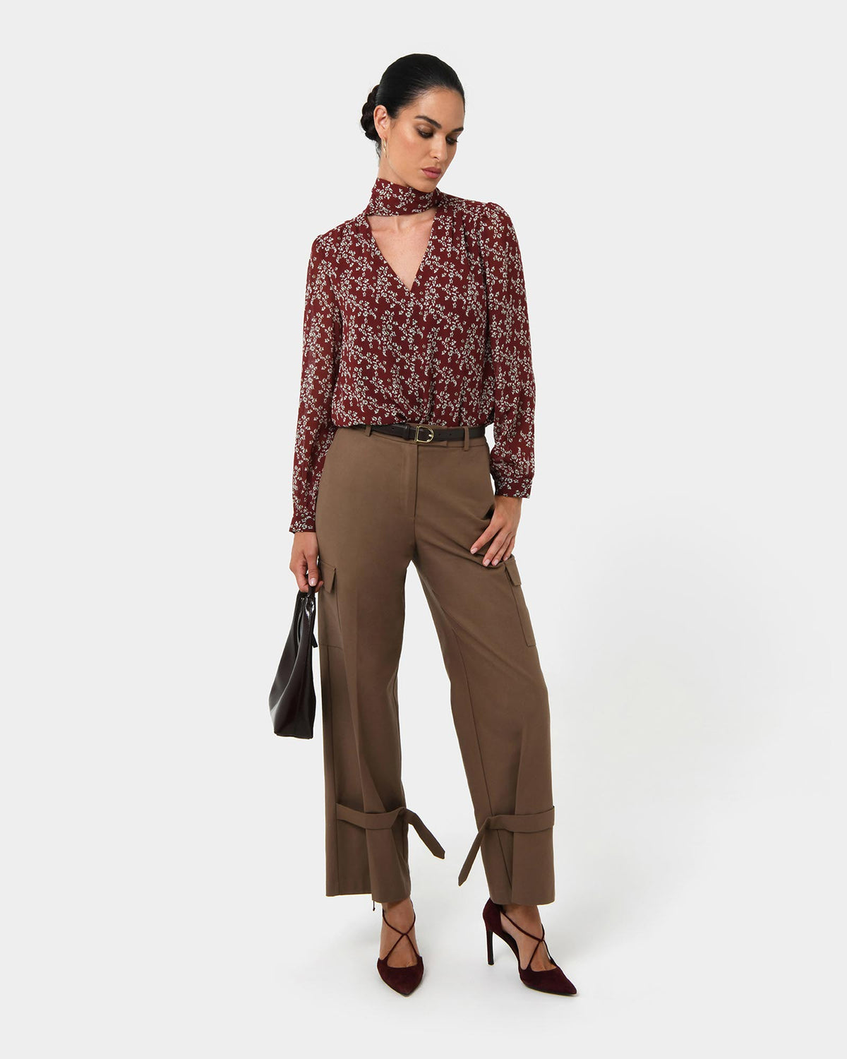 Rema Floral Tie Blouse in red floral — full-length view