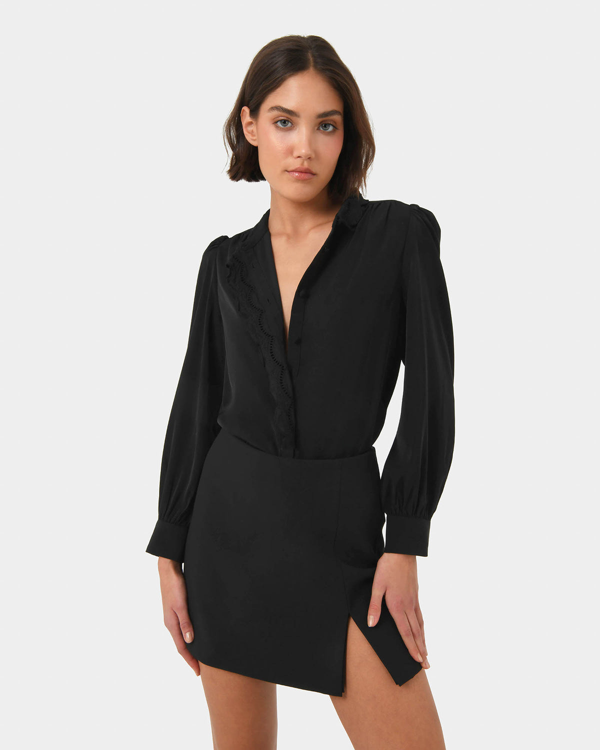 Frances Embroidery Blouse in black — close-up view